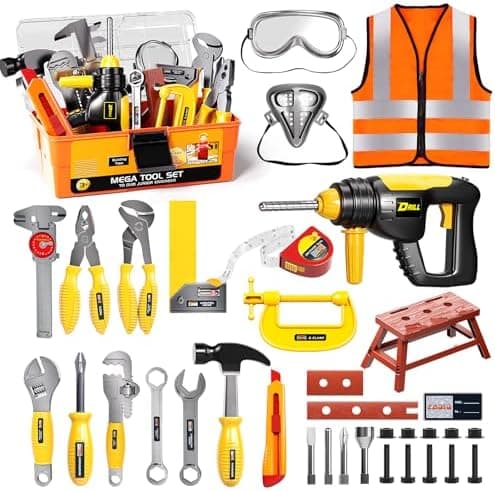 Deejoy Tool Set with Tool Box & Electronic Toy Drill, Pretend Play Kids Construction Kits for Kids A