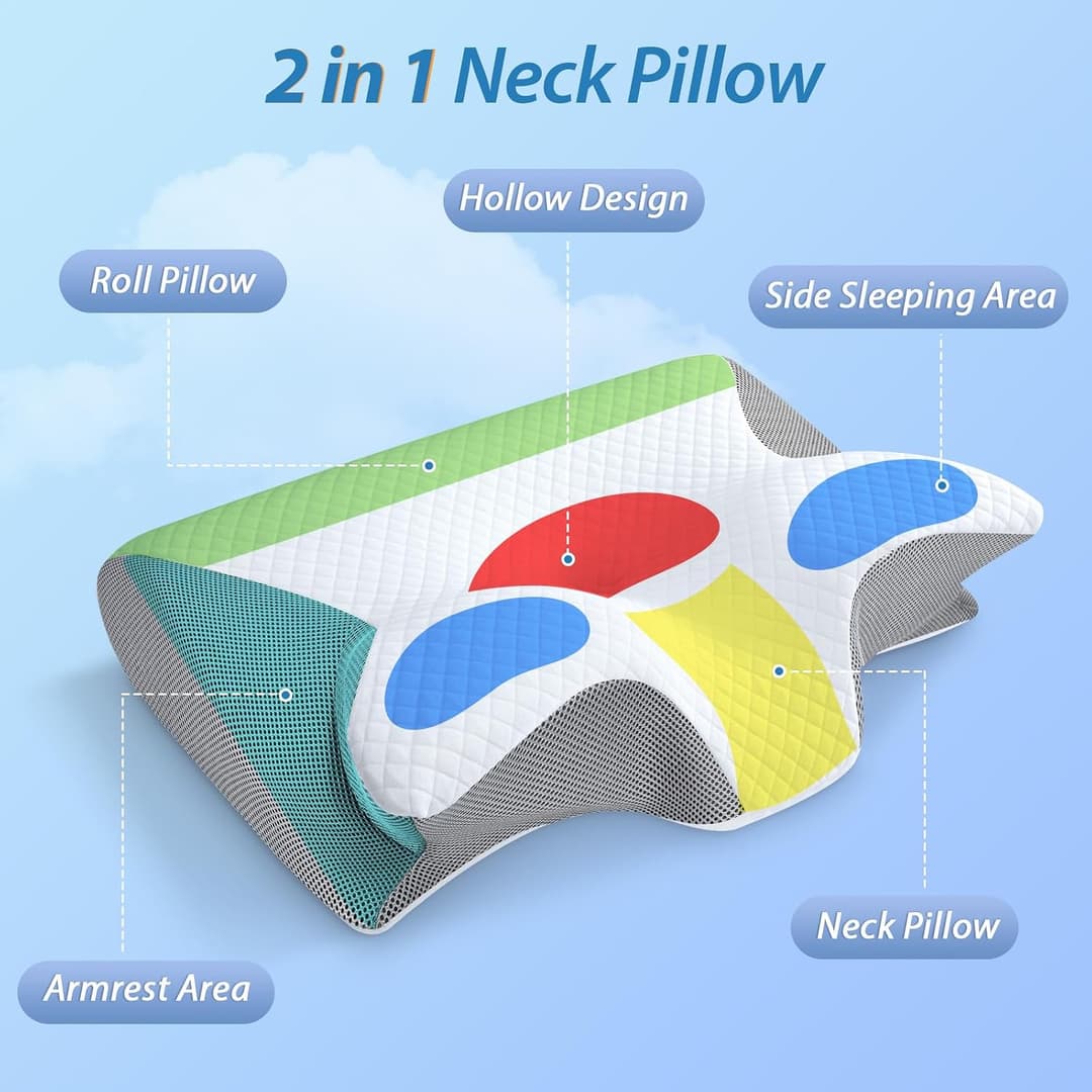 HOMCA Memory Foam Pillow, 2 in 1 Cervical Pillow for Neck Pain Relief, Ergonomic Neck Support Pillow