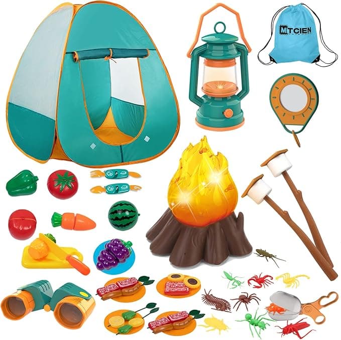 Camping Play Tent with Toy Campfire / Marshmallow /Fruits Toys Play Tent Set for Boys Girls Indoor Outdoor Pretend-Play Game