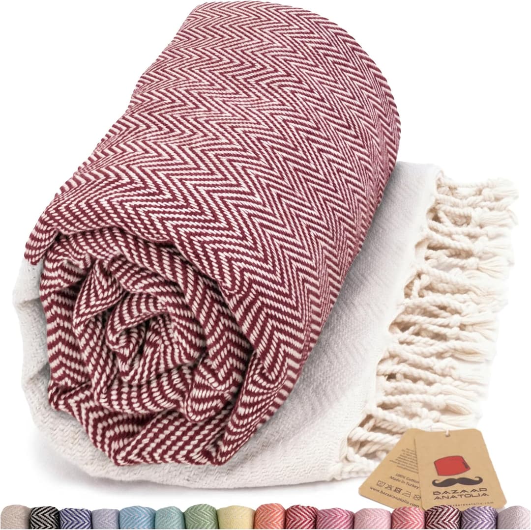 Bazaar Anatolia Turkish Beach Towel 100% Cotton Bath Towels 71x39 Quick Dry Sand Free Lightweight Large Oversized Herringbone Maroon